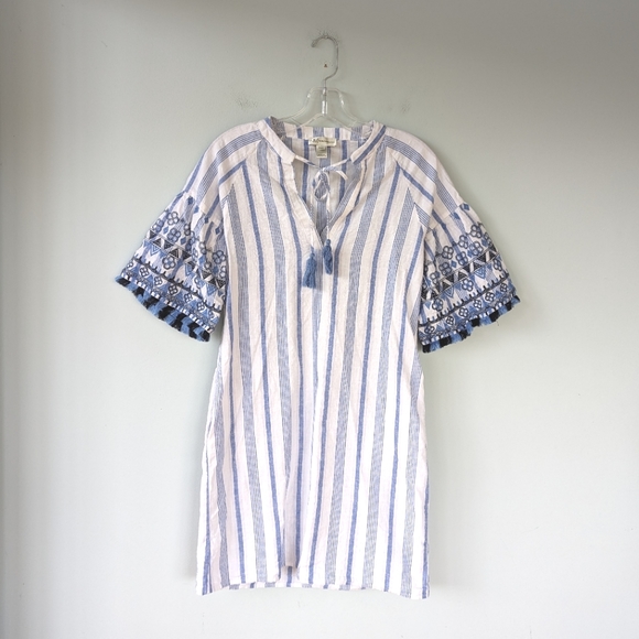 Neiman Marcus Blue & White Striped Boho Fringe Embroidered Sleeve Dress - Picture 3 of 7